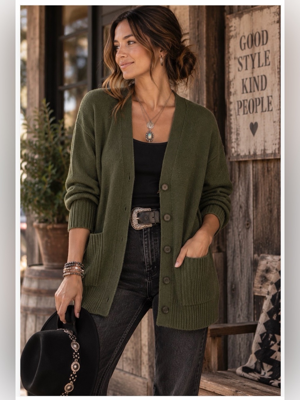 Splendid Olive Green Cardigan XL Button Front Pockets Boho Western